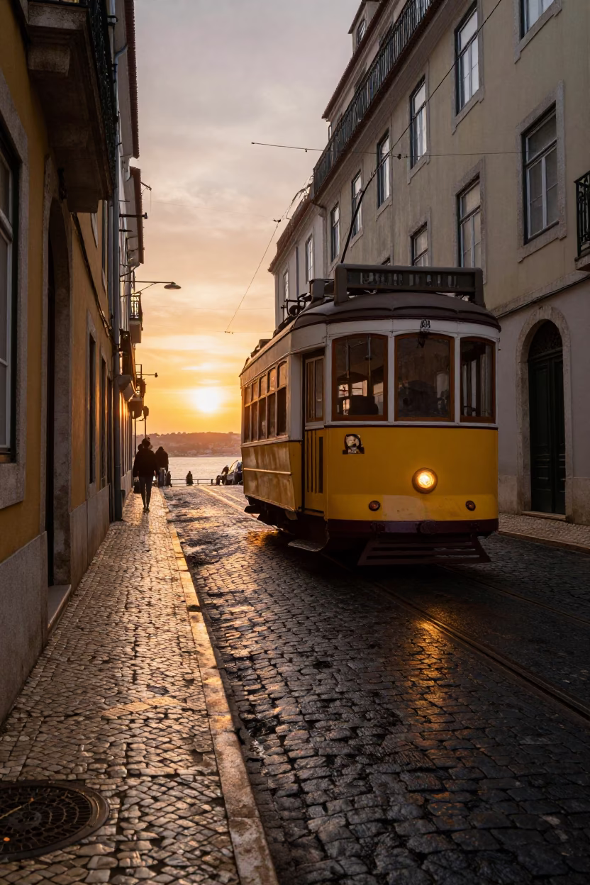 Vintage Tram 28 Reflected in Wet Cobblestones at Sunset in Lisbon Portugal in in Lisbon, Portugal