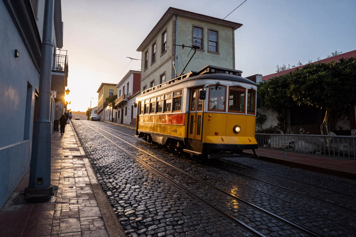 Vintage Tram Ascending Steep Cobblestone Street in Valparaiso Chile at Dawn in in Valparaiso, Chile