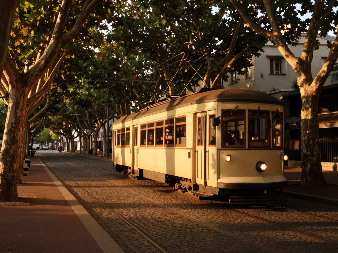 Vintage Tram Car on Tree Lined Avenue in Lyon France Evening Light in in Lyon, France