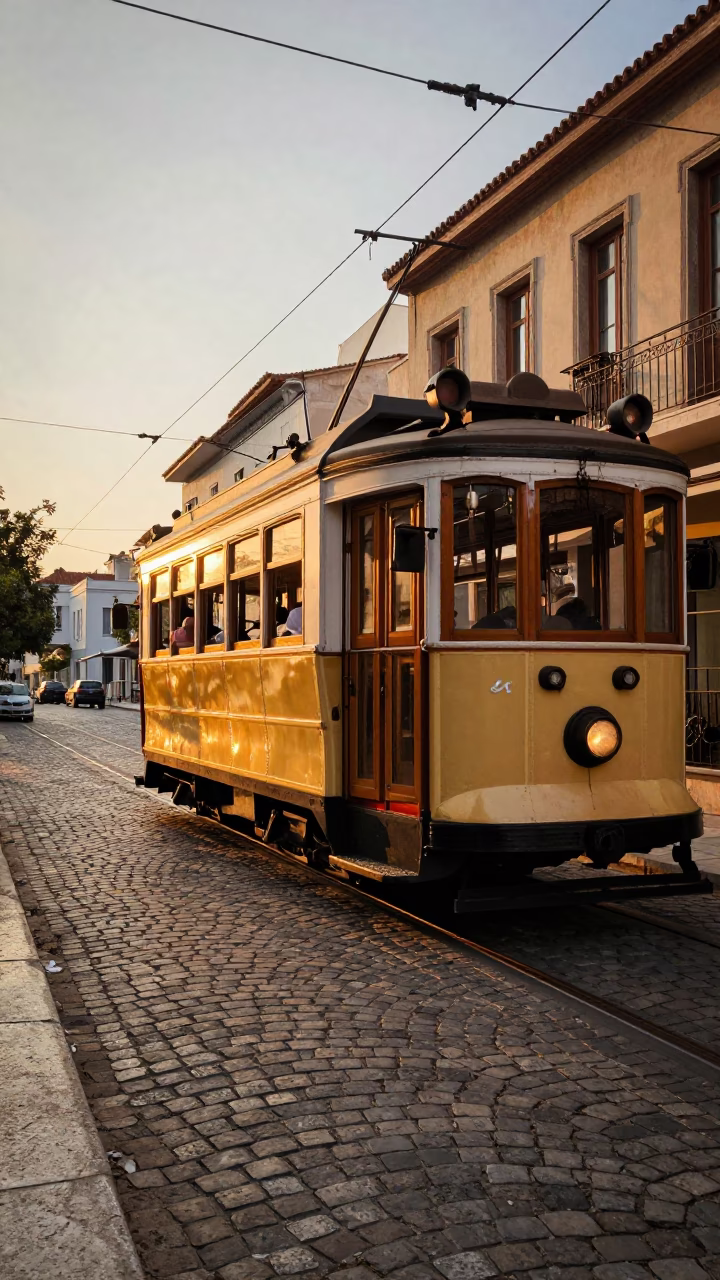 Vintage Tram Crossing Cobblestones in Golden Athens Evening Light in in Athens, Greece