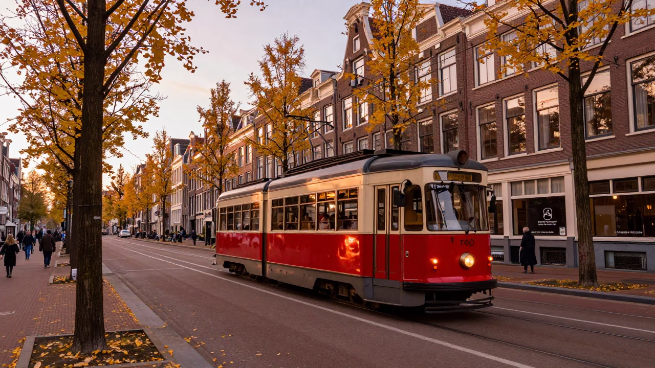Vintage Tram in Amsterdam at Copper-toned Light Before Dusk in in Amsterdam, Netherlands