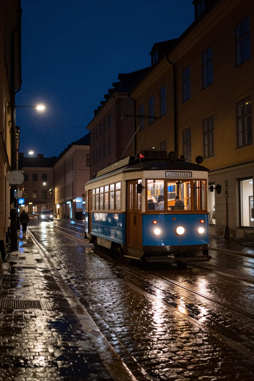 Vintage Tram in Stockholm at The Deepest Night Sky Light in in Stockholm, Sweden