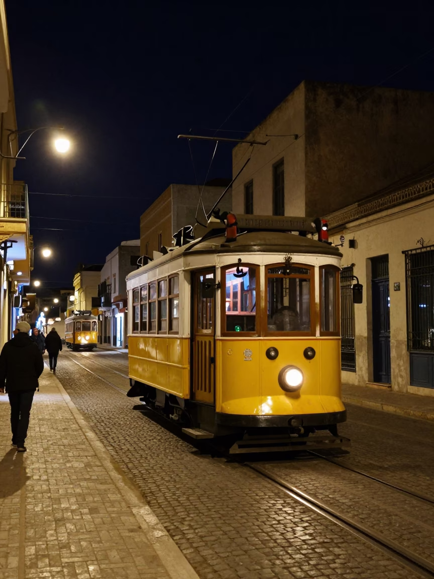Vintage Tram on Cobblestone Avenue in Tunis Under Deep Night Sky in in Tunis, Tunisia