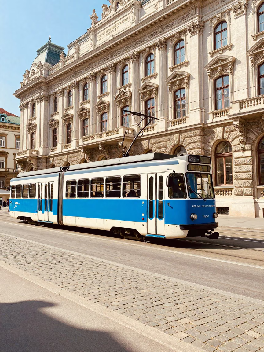 Vintage Tram Passing Historic Vienna Architecture Under Midday Sun in in Vienna, Austria