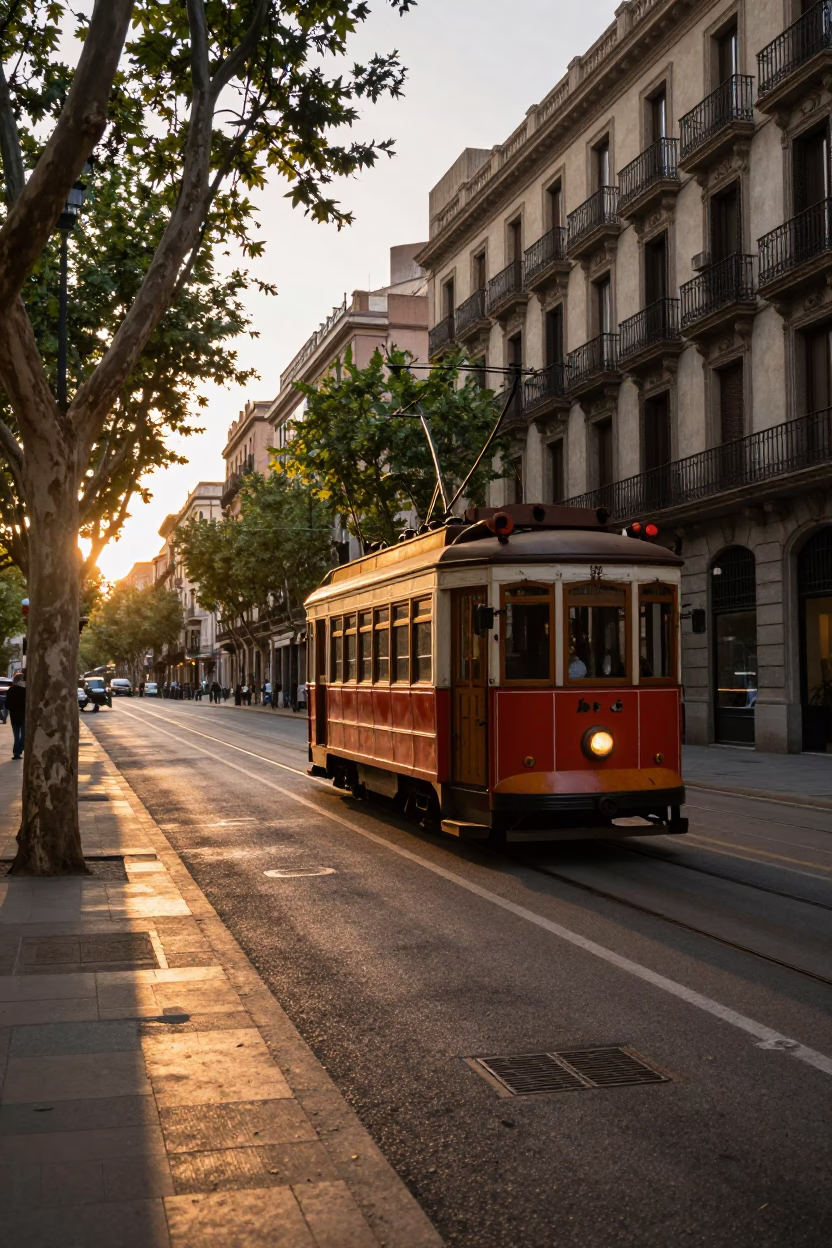 Vintage Tram Passing Through Barcelona Tree-Lined Avenue at Sunset with Scattered Flower Petals in in Barcelona, Spain