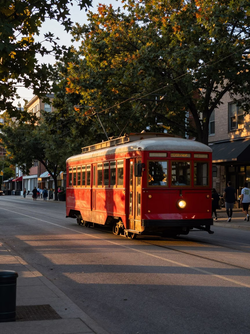 Vintage Tramcar at Golden Hour in Toronto in in Toronto, Ontario, Canada