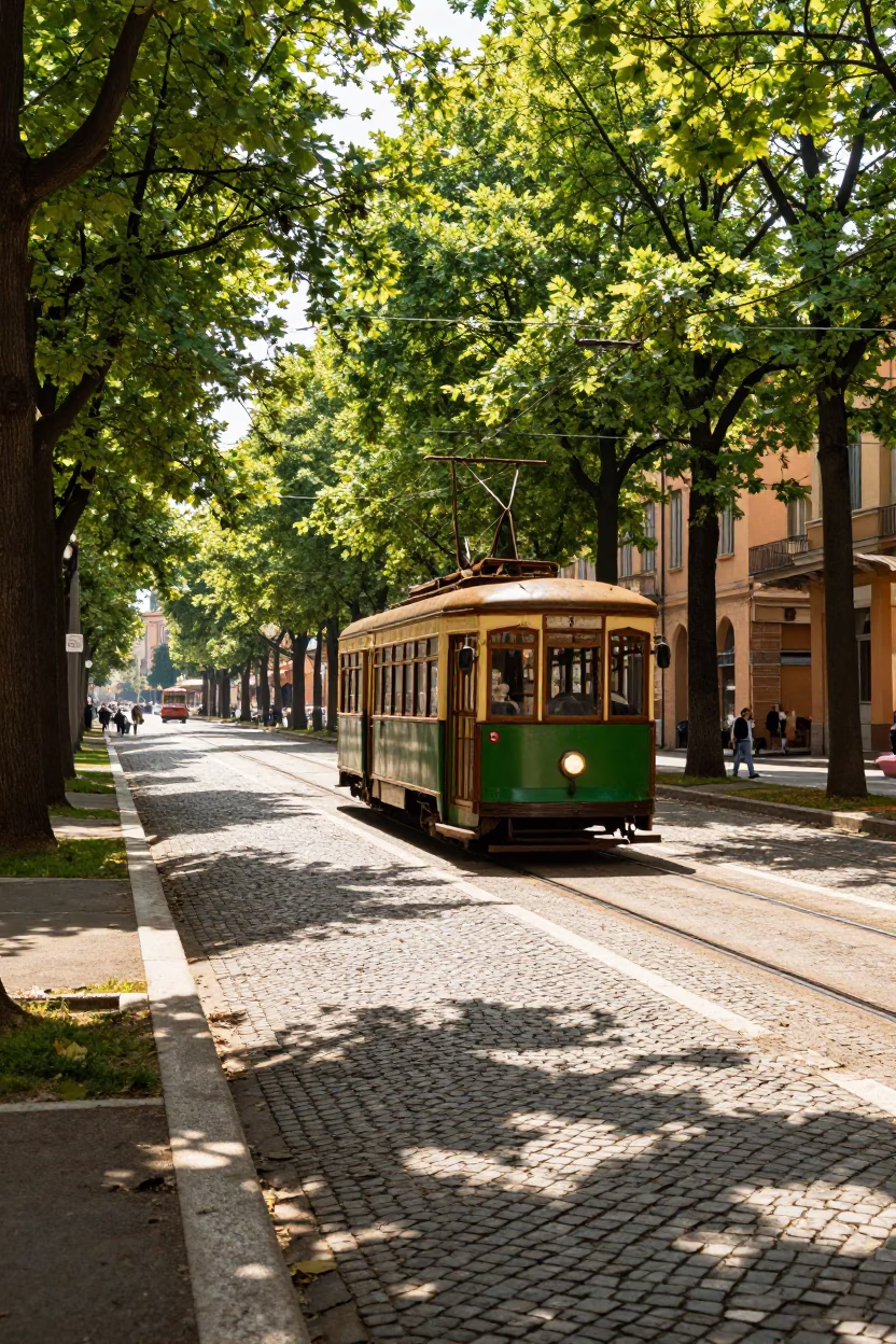 Vintage Tramcar Crossing Tree-Lined Boulevard in Bright Midmorning Bologna Italy in in Bologna, Italy