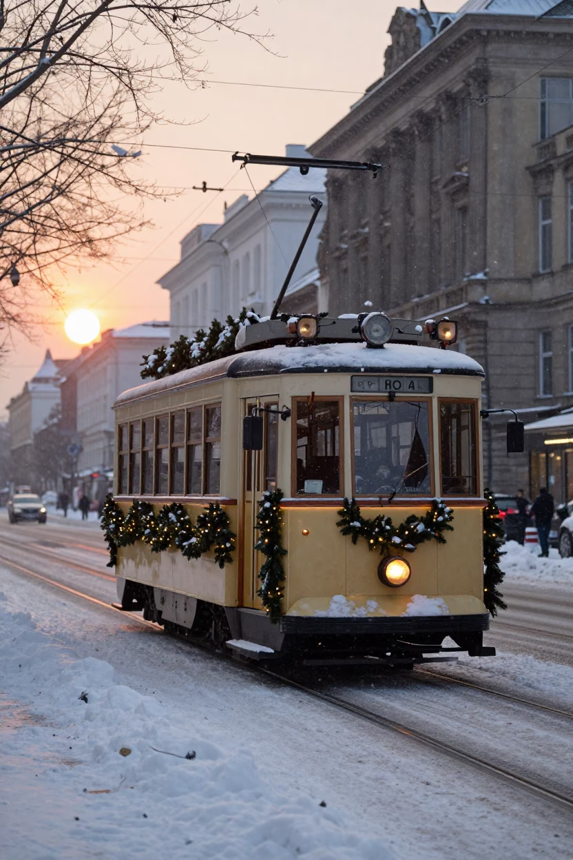 Vintage Tramcar Decorated for Christmas on a Snowy Avenue in Berlin Germany at Sunset in in Berlin, Germany