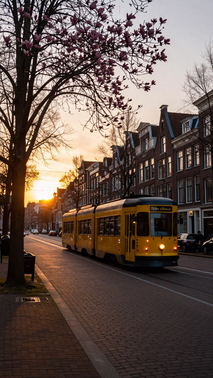 Vintage Tramcar on Amsterdam Boulevard at Sunset with Magnolia Bloom in in Amsterdam, Netherlands