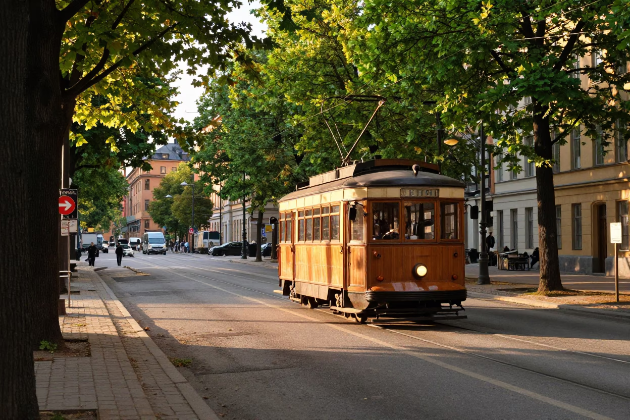 Vintage Tramcar on Tree-Lined Boulevard in Late Afternoon Stockholm Sweden in in Stockholm, Sweden
