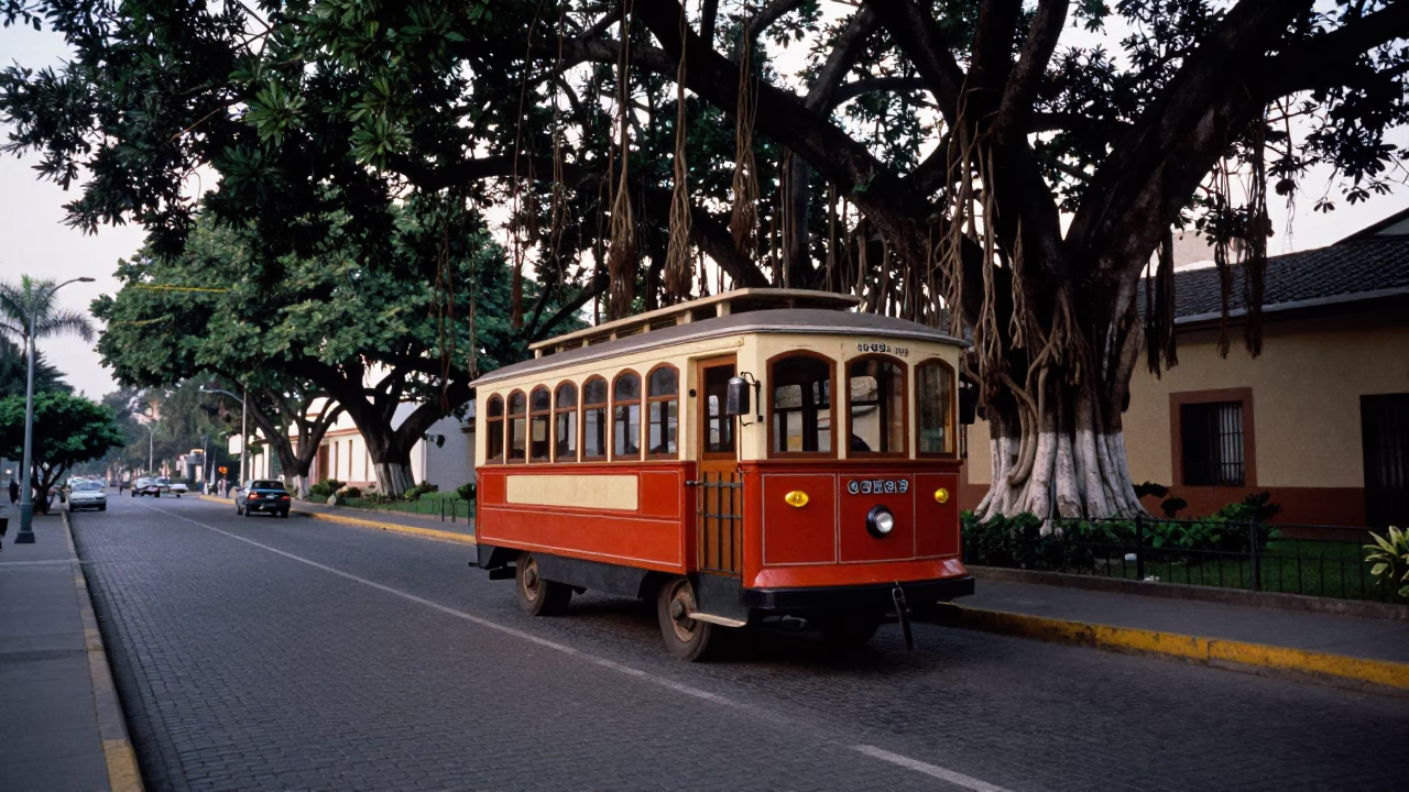 Vintage Trolley Carriage on Tree-Lined Avenue in Lima Peru Early Evening in in Lima, Peru