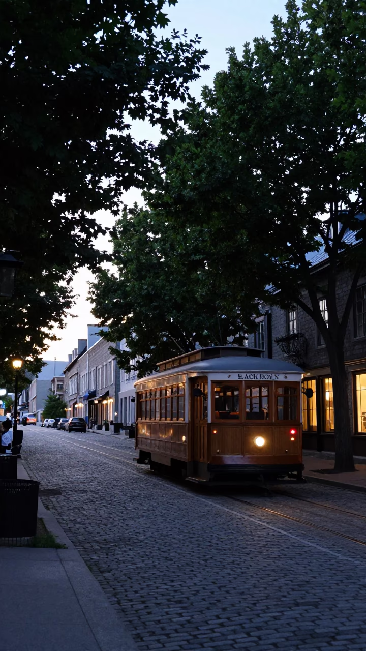 Vintage Trolley on Tree-Lined Avenue at Dawn in Quebec City in in Quebec City, Quebec, Canada