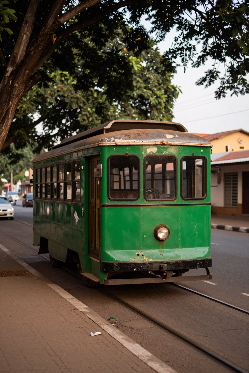 Vintage Trolley on Tree-Lined Avenue in Accra Ghana at First Light Dawn in in Accra, Ghana