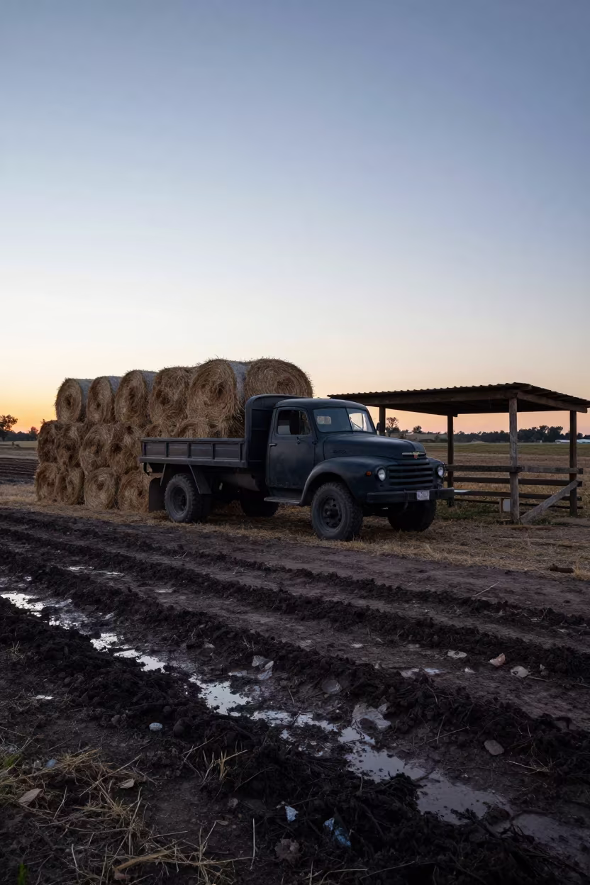 Vintage Truck at Farm Stand Before Dawn in beside stacked hay bales near Gualeguaychú