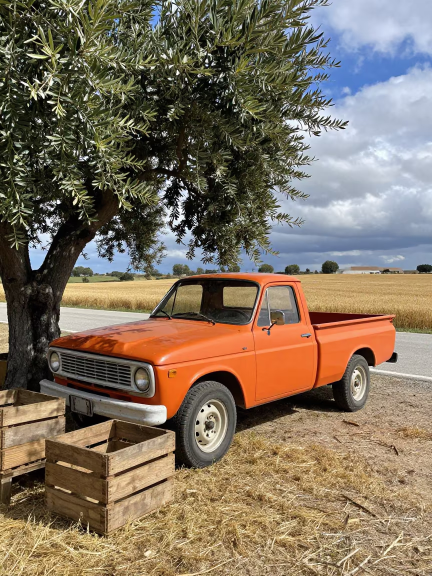 Vintage Truck at Spanish Farm Stand in across a harvested grain field in Spain