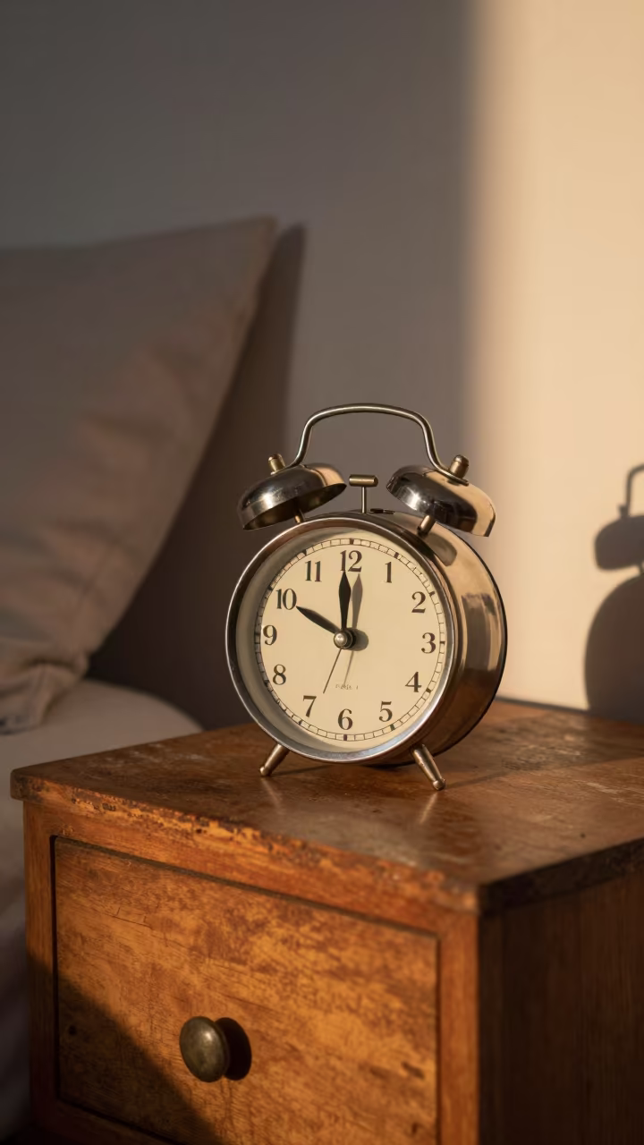 Vintage Twin Bell Alarm Clock on Pine Table in on a reading nook cushion in Santiago de Querétaro