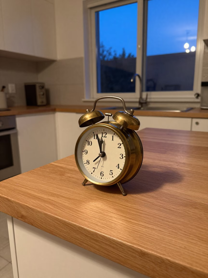 Vintage Twin Bell Clock on Pine Table in in a cozy kitchen in Benha