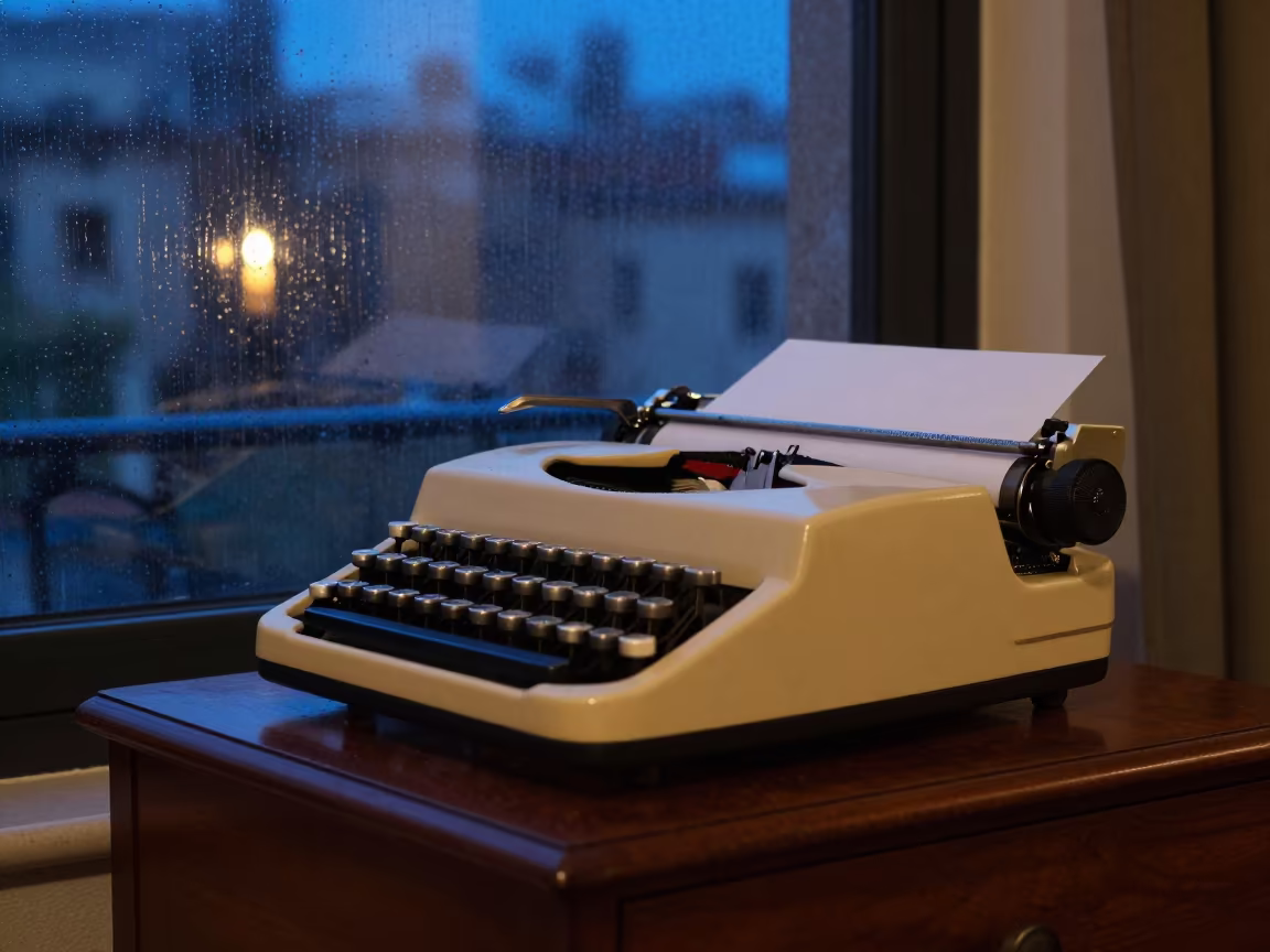 Vintage Typewriter by Rainy Window at Blue Hour in on a hotel dresser in Valencia