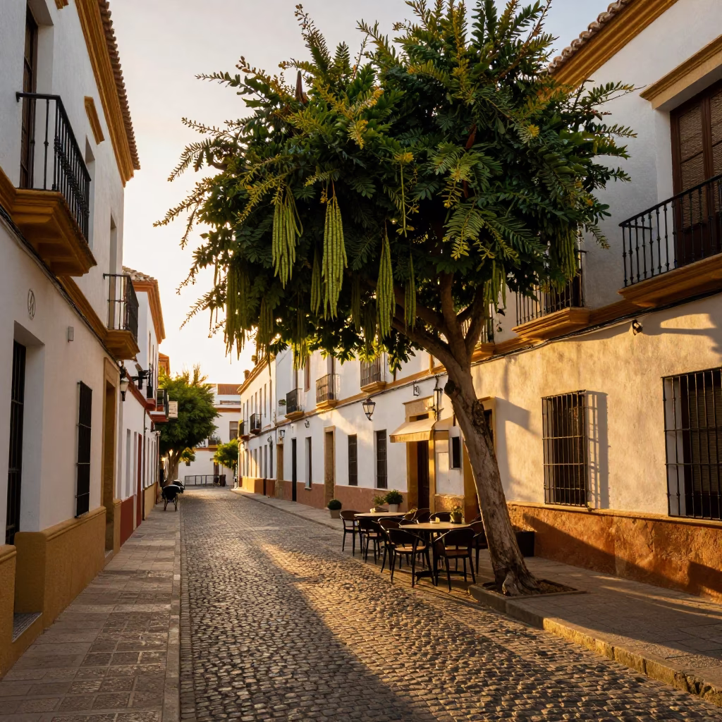 Vintage Valencia Evening Street Scene with Tamarind Tree and Local Cafe in in Valencia, Spain