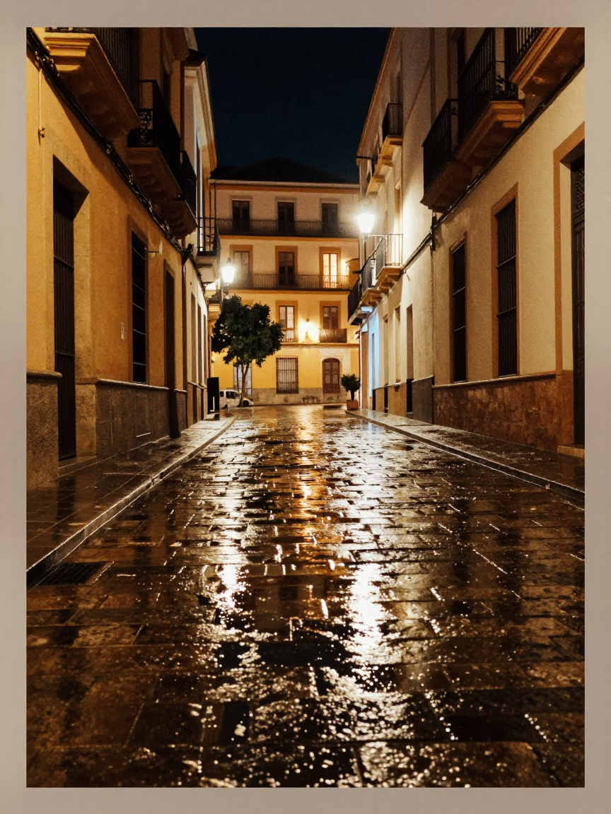 Vintage Valencia Night Street Scene with Puddle Reflections and Hotel Windows in in Valencia, Spain