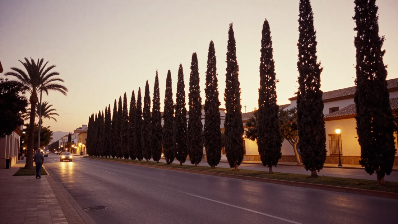 Vintage Valencia Spain Evening Street Scene with Cypress Trees and Traditional Architecture in in Valencia, Spain