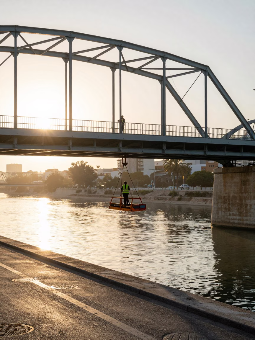 Vintage Valencia Street Scene After Sunrise With Bridge Maintenance Cradle And Local Life in in Valencia, Spain
