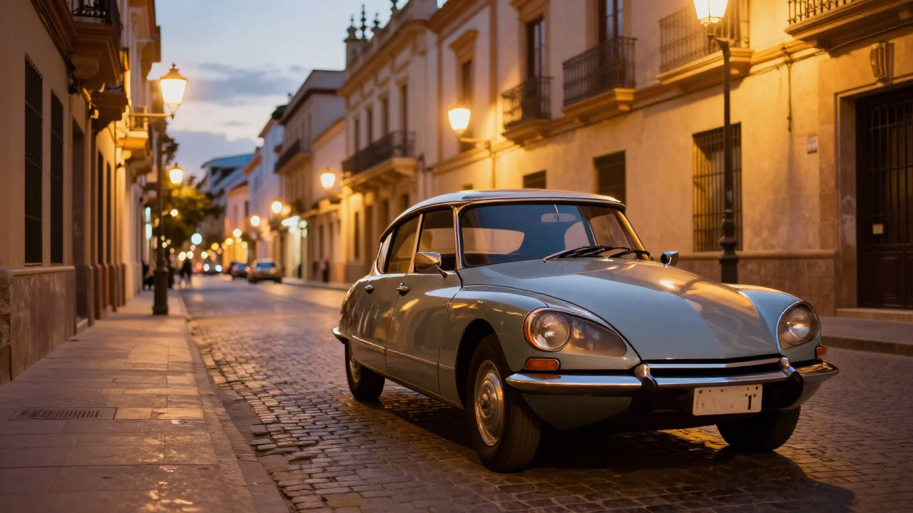 Vintage Valencia Street Scene at Dusk with Classic Car Rally and Urban Details in in Valencia, Spain
