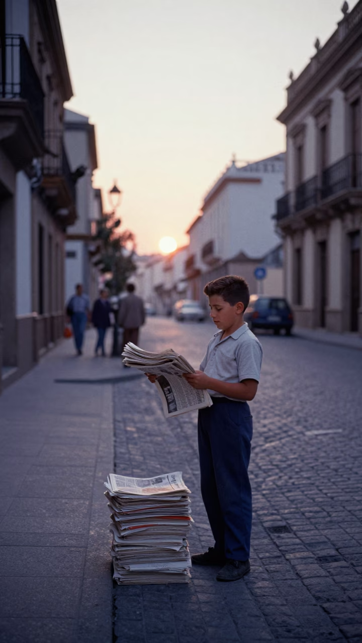 Vintage Valencia Street Scene Before Dawn with Boy Selling Newspapers in in Valencia, Spain