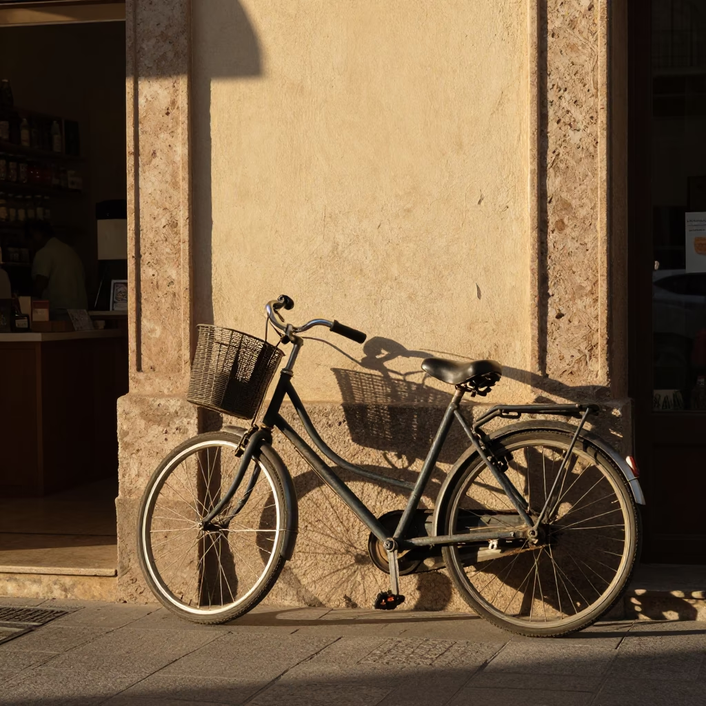 Vintage Valencia Street Scene Late Afternoon Bicycle Basket and Bakery in in Valencia, Spain