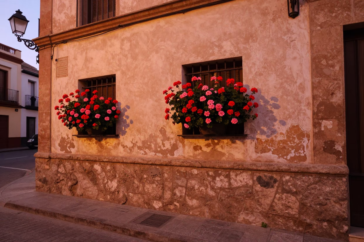 Vintage Valencia Street Scene with Geraniums in Copper Dusk Light in in Valencia, Spain