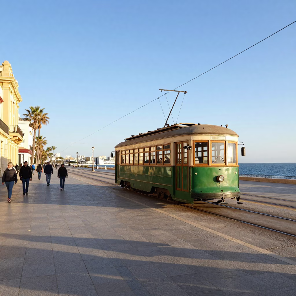 Vintage Valencia Street Scene with Heritage Tram and Late Afternoon Light in in Valencia, Spain