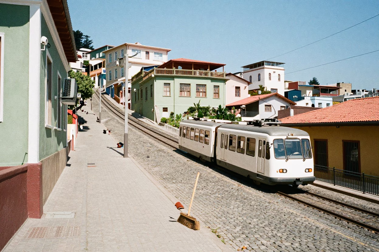 Vintage Valparaiso Chile Street Scene with Monorail and Brooms in Bright Midmorning Light in in Valparaiso, Chile