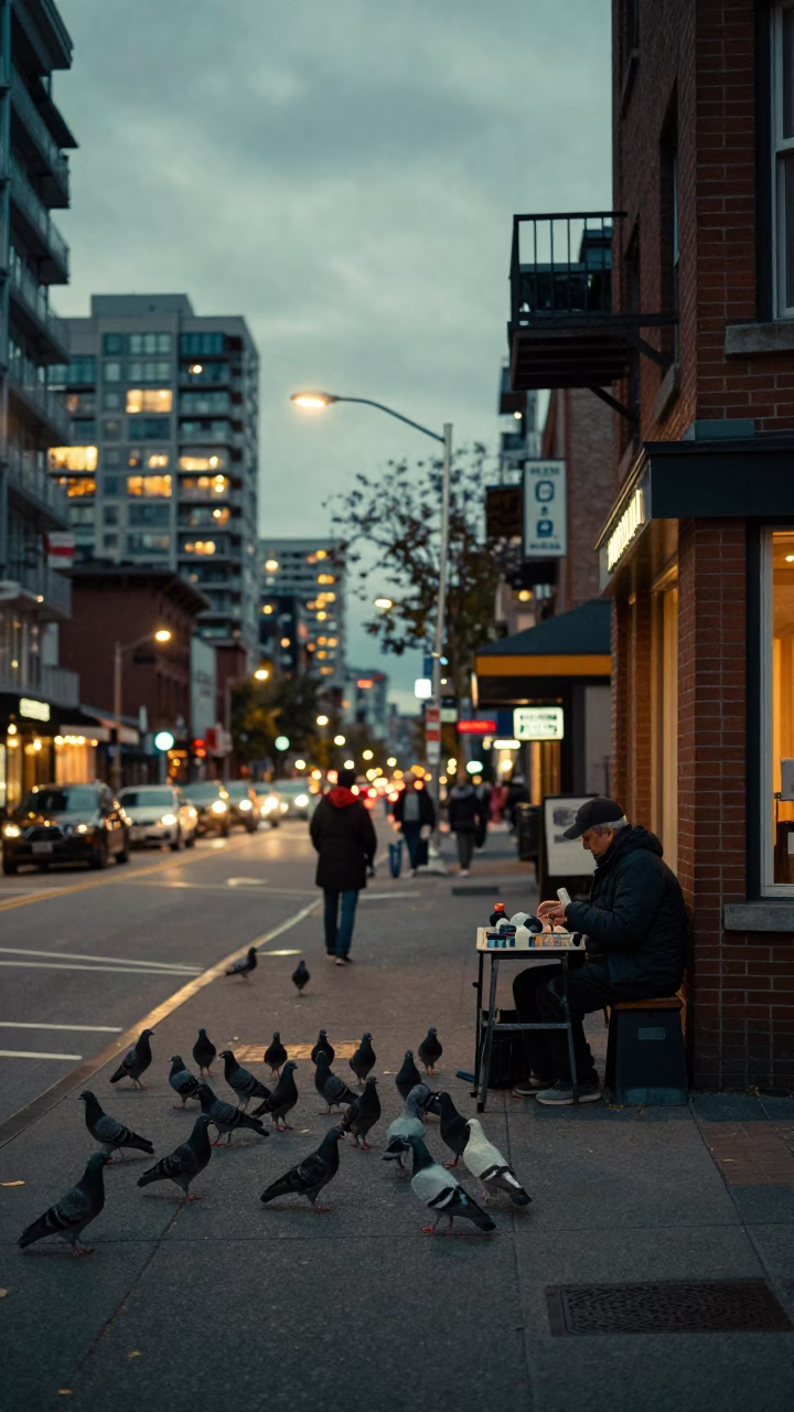 Vintage Vancouver Street Scene at Dusk with Pigeons and Woven Basket in in Vancouver, British Columbia, Canada