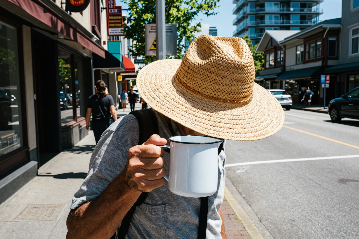 Vintage Vancouver Street Scene Midday with Straw Hat and Enamel Pitcher in in Vancouver, British Columbia, Canada