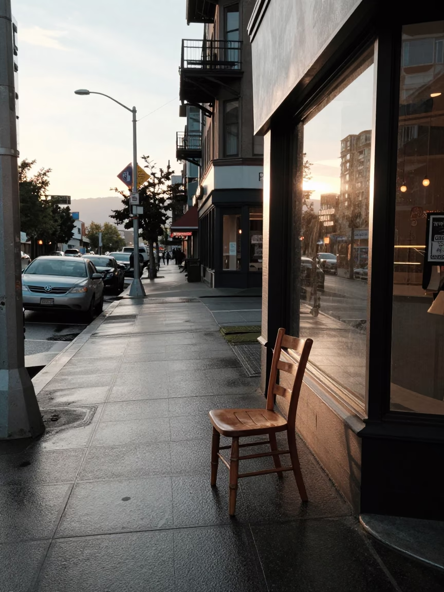 Vintage Vancouver Street Scene Near Sunrise With Ladder-Back Chair and Braided Rug Fibers in in Vancouver, British Columbia, Canada