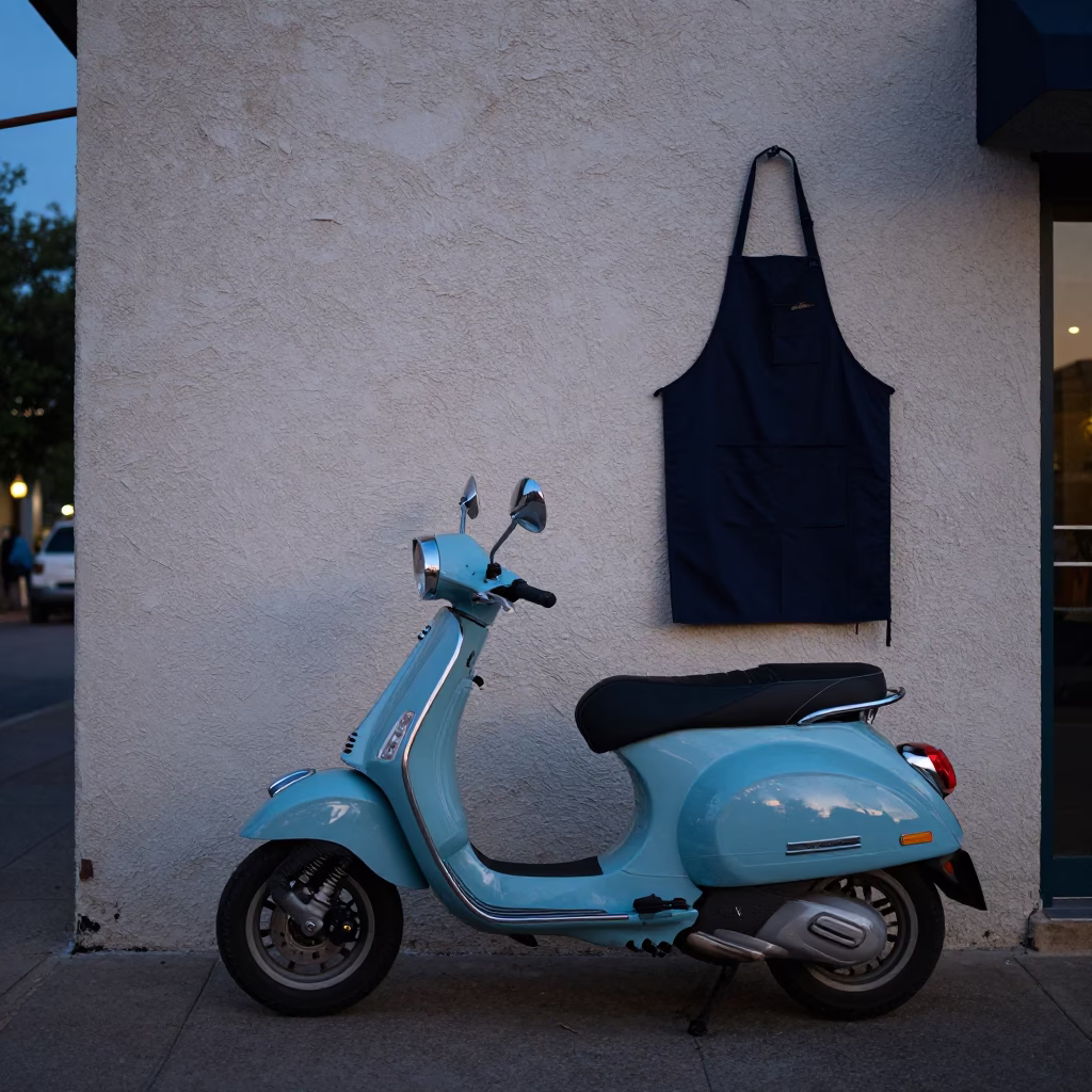 Vintage Vespa and Aprons at Austin Texas Blue Hour Street Scene in in Austin, Texas, United States