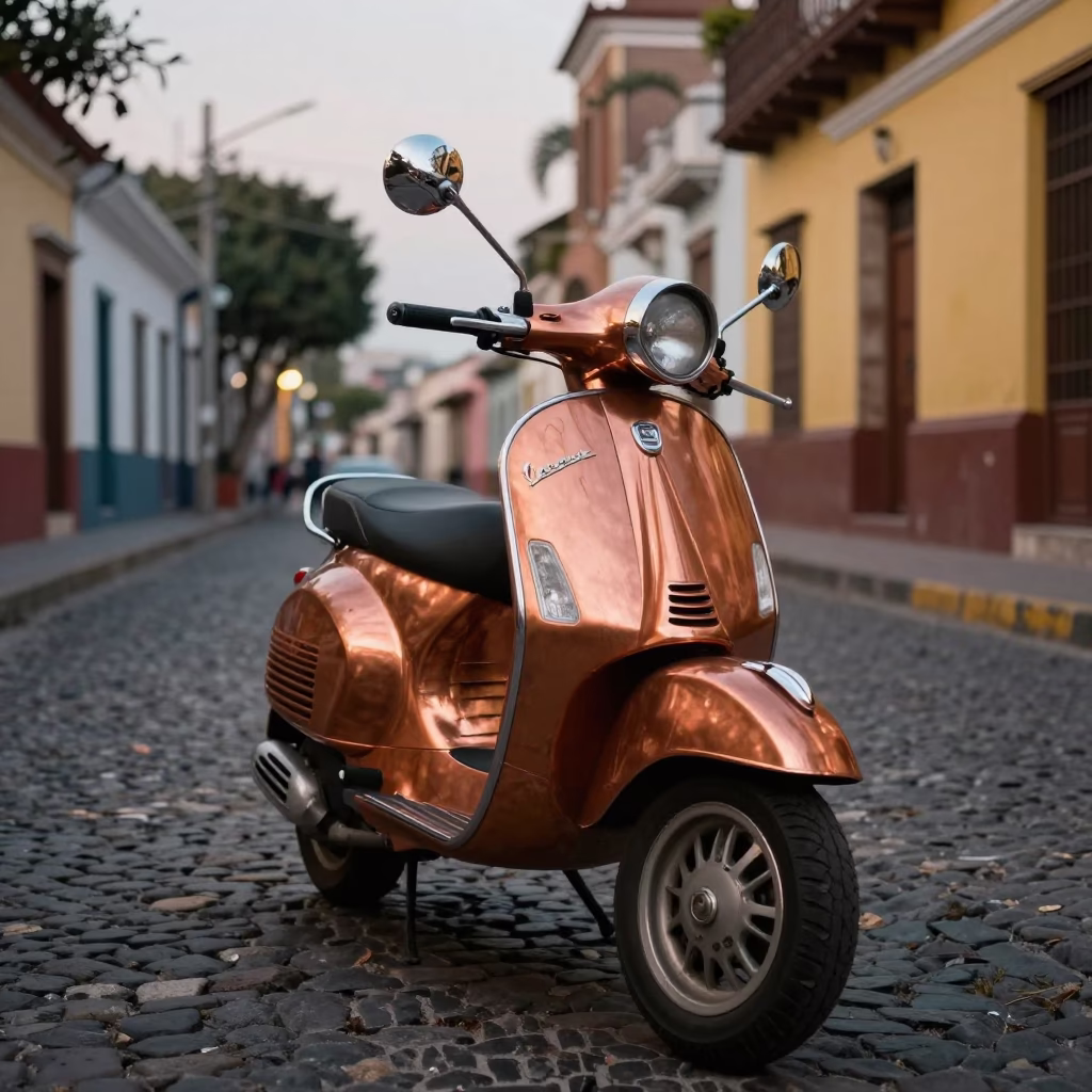 Vintage Vespa and Cobblestone Lane in Lima Peru Copper Light Before Dusk in in Lima, Peru