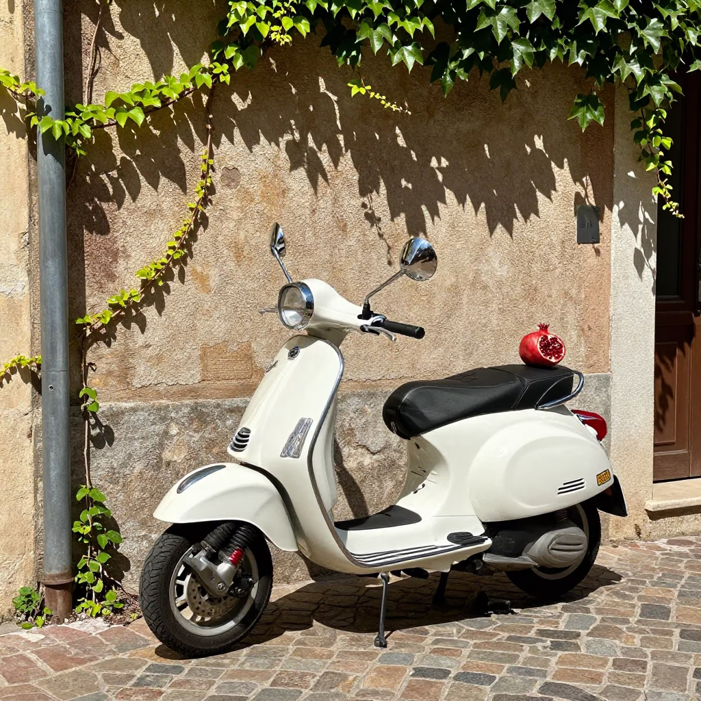 Vintage Vespa and Pomegranate in Sunny Nice France Noon Street Scene in in Nice, France