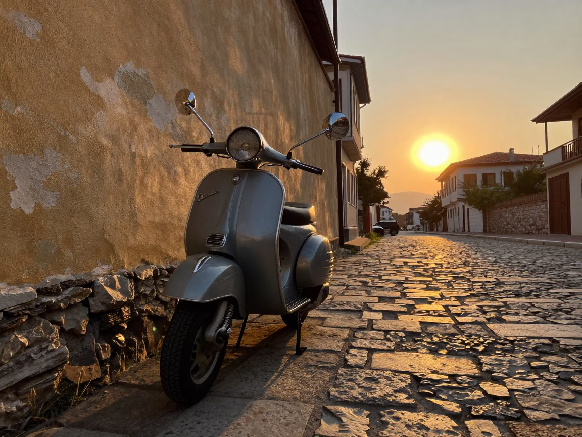 Vintage Vespa at As The Sun Drops Toward The Horizon in Izmir in in Izmir, Turkey
