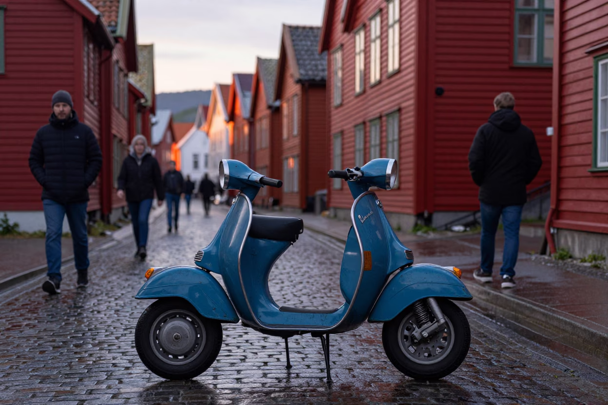 Vintage Vespa in Bergen at Nautical Dawn Light in in Bergen, Norway