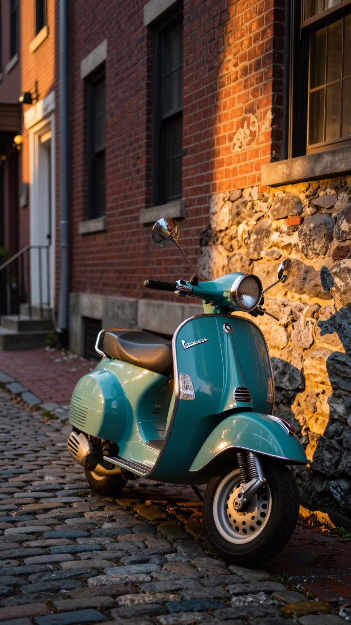 Vintage Vespa in Boston at Sunset Light in in Boston, Massachusetts, United States