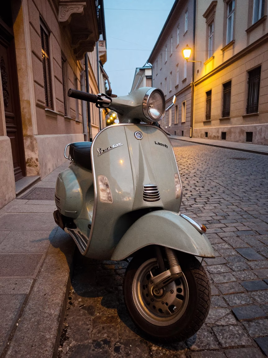 Vintage Vespa in Budapest at As City Lights Begin To Glow in in Budapest, Hungary