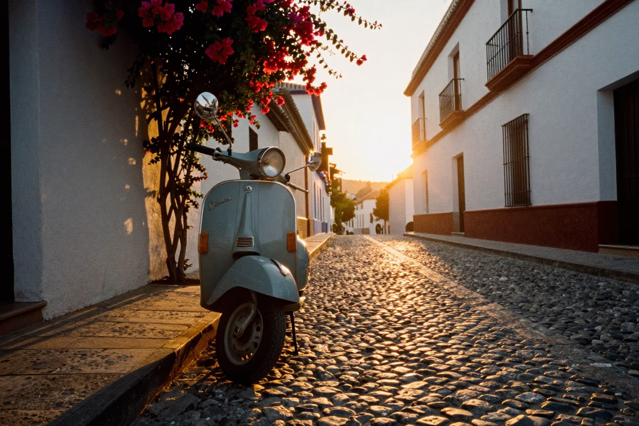 Vintage Vespa in Granada at As The Sun Drops Toward The Horizon in in Granada, Spain