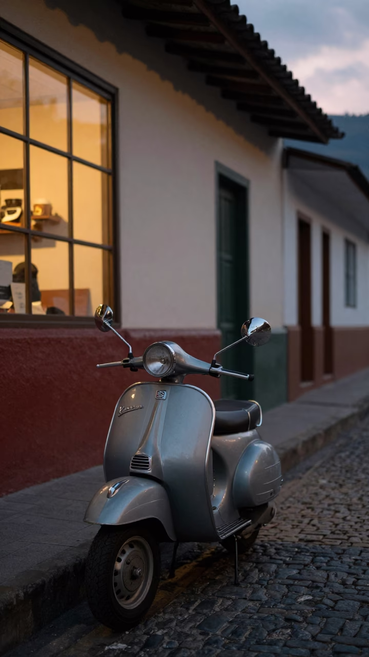 Vintage Vespa in Medellin at The Still Hours Before Dawn Light in in Medellin, Colombia