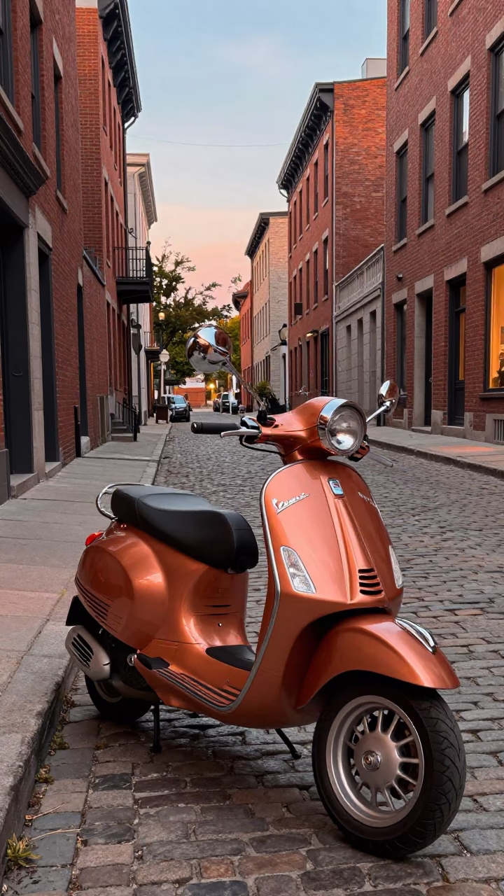 Vintage Vespa in Montreal at Copper-toned Light Before Dusk in in Montreal, Quebec, Canada
