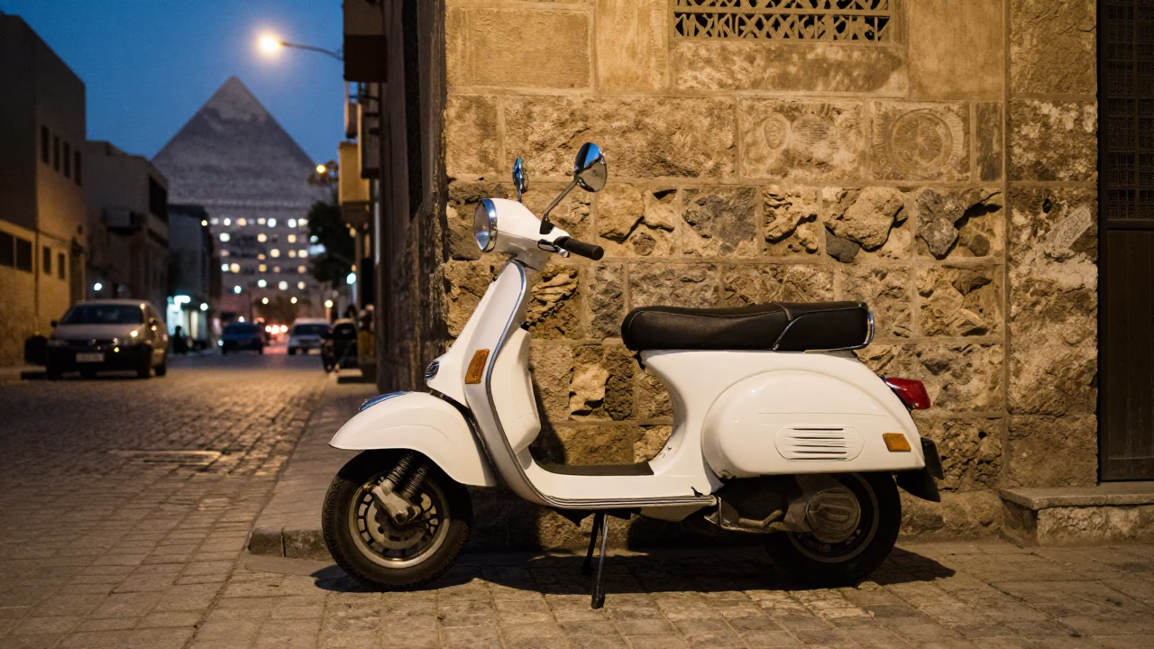 Vintage Vespa on Cairo Cobblestone Lane at Dusk with Dressmaker Chalk in in Cairo, Egypt