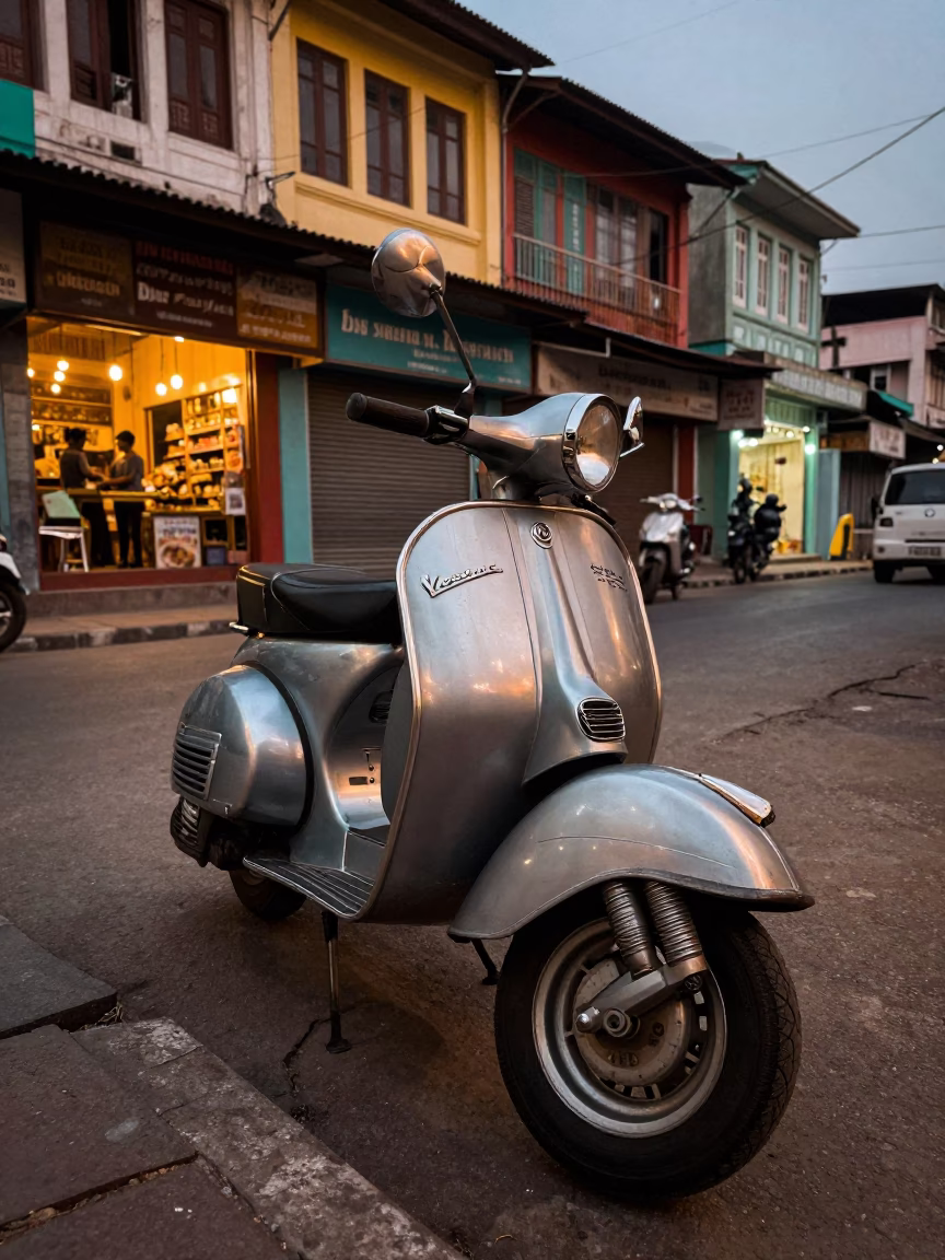 Vintage Vespa on Chennai Street Evening with Colorful Shopfronts and Local Life in in Chennai, India