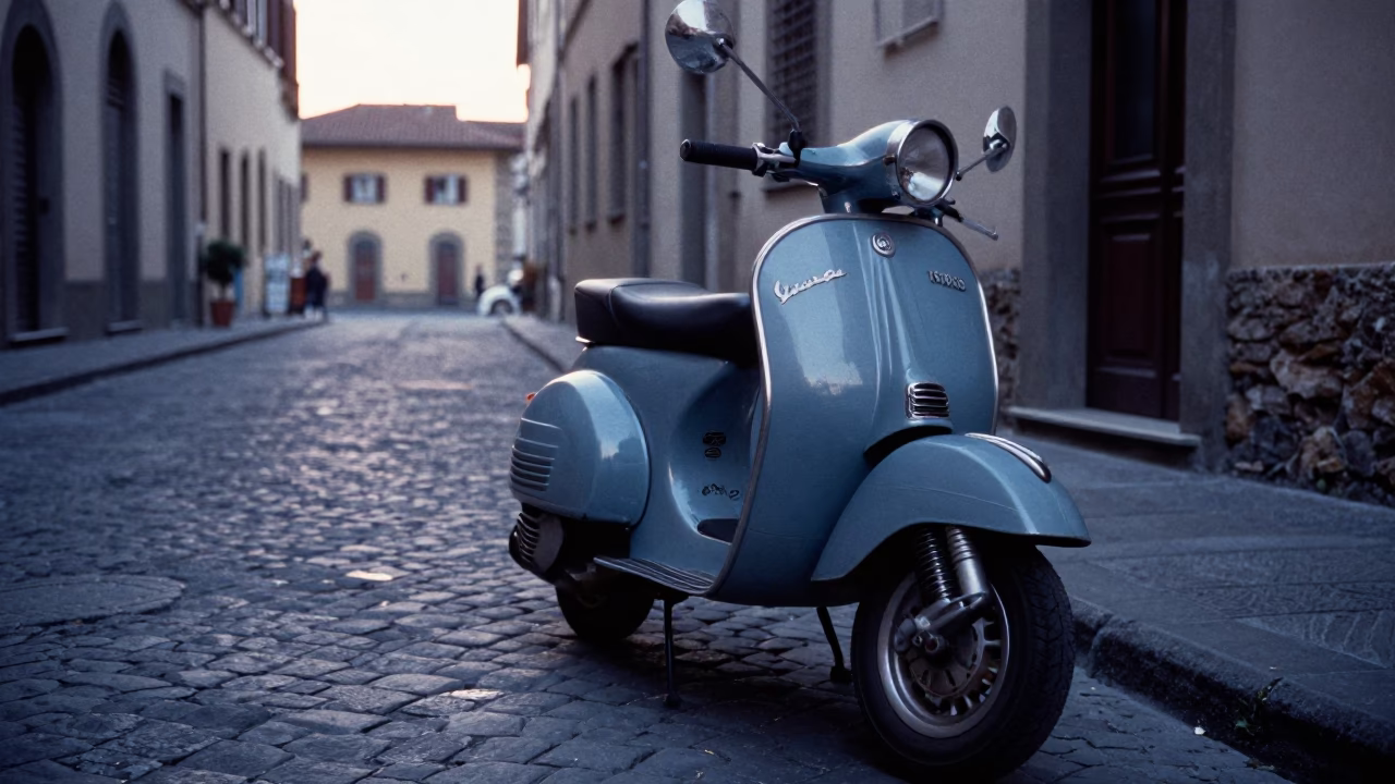 Vintage Vespa on Cobblestone Lane Before Sunrise in Florence Italy in in Florence, Italy