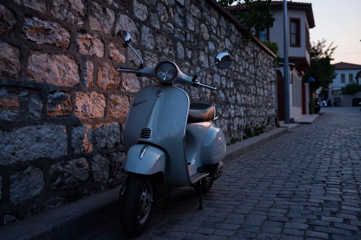 Vintage Vespa on Cobblestone Lane Before Sunrise in Istanbul Turkey in in Istanbul, Turkey