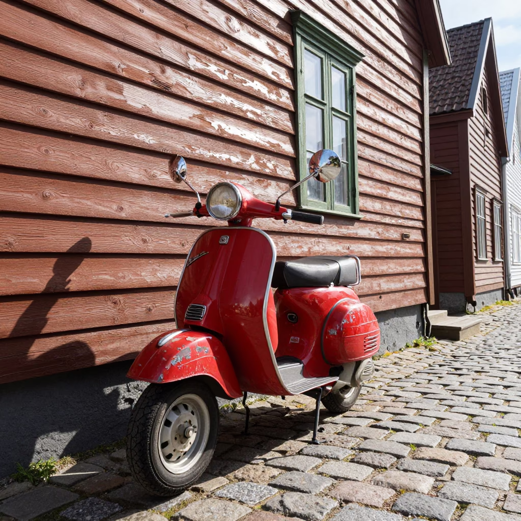 Vintage Vespa on Cobblestone Lane in Bergen Norway Midmorning Light in in Bergen, Norway